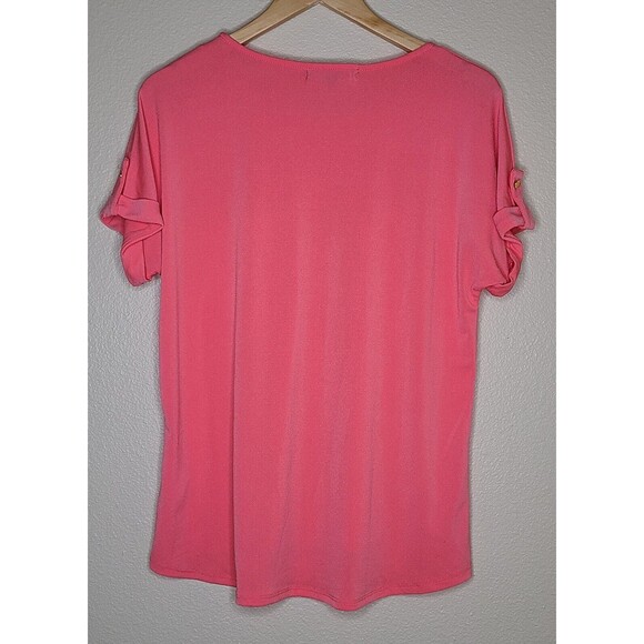 Adrienne Vittadini Blouse Women's Size Medium Coral Pink Short Sleeve Scoop Neck - Picture 2 of 6